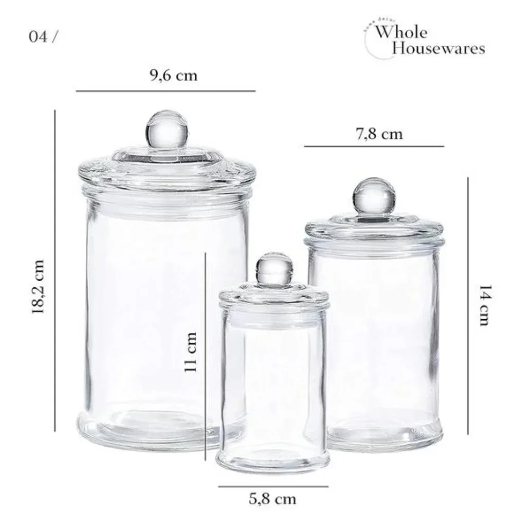 Set of 3 Bathroom Canisters - Container Jars - Glass Apothecary Jars with Lids